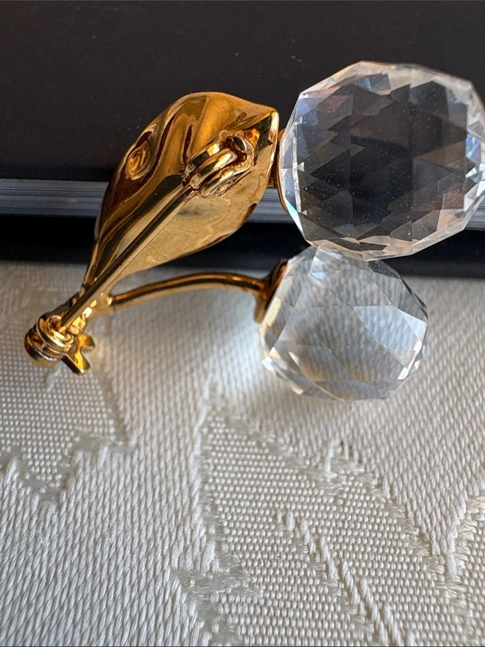 Gold Leaf Cherry Swarovski Brooch - Clear Crystal Accent